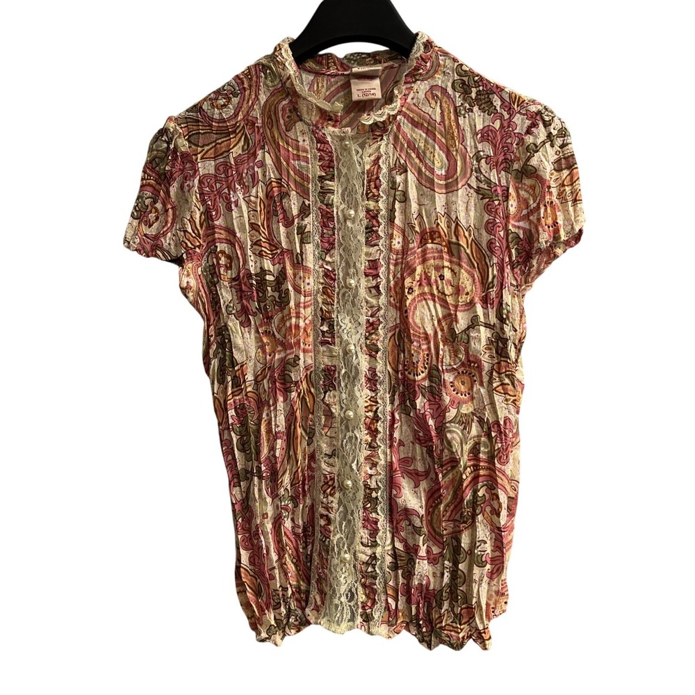 Vintage Y2K Top Womens L Floral Paisley Sheer‎ Chiffon Pleated Button Down Lace